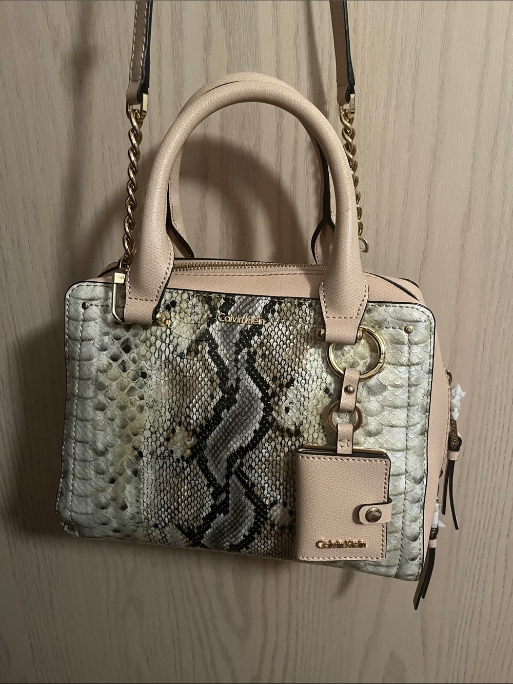 Calvin Klein Blush Beige Python-Print Satchel